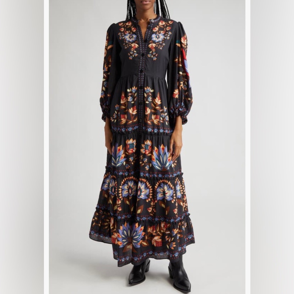 NWT $295 FARM Rio Winter Garden Floral Print Long Sleeve Dress in BLACK, XXS!